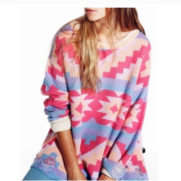 WILDFOX Desert Drive Multicolor PatternedSweater in Acid Pink. Size Small - Picture 15 of 15
